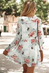 Ruffled V Neck Long Sleeve Floral Dress