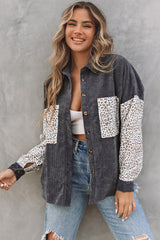 Gray Leopard Patchwork Corduroy Buttoned Shirt Jacket