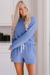 Blue Ribbed Texture Pullover and Drawstring Shorts Lounge Set