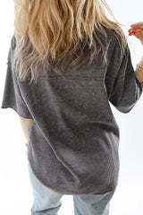 Gray Waffle Knit Seamed Half Sleeve V Neck Top