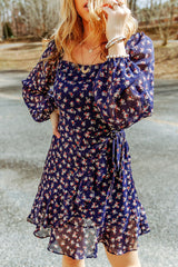Blue Floral Print Smocked Square Neck Bubble Sleeve Dress