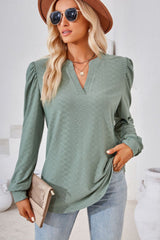 Green Jacquard V Neck Bishop Sleeve Top