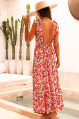 Red V-Neck Tied Straps Open Back Flower Dress