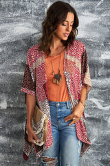 Red Leopard Color Block Open Front Kimono