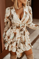 White Ruffle Tiered V Neck Wrap Print Mini Dress
