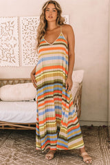 Stripe Tie Straps Loose V Neck Maxi Dress