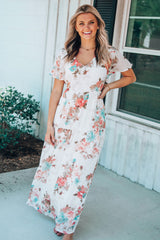 White V Neck Short Sleeves Floral Print Maxi Dress