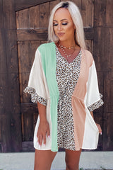 Leopard V Neck Ruffle Leopard Color Block Romper