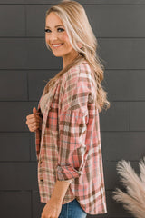 Pink Drop Shoulder Rounded Hem Plaid Pattern Shirt