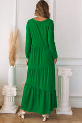 Green Asymmetrical Tiered Long Sleeve Maxi Dress