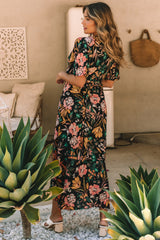 Black Floral Print Knotted Wrapped V Neck Maxi Dress