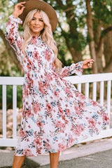 Beige Floral Print Puffy Sleeve Ruffled Midi Dress