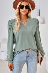 Green Jacquard V Neck Bishop Sleeve Top