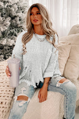 Bright White Ripped Raw Hem Chunky Pullover Sweater