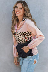 Black Leopard Patchwork Half Zip Pocketed Pullover Hoodie