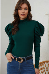 Green Puff Sleeve Keyhole Back Ribbed Knit Bodysuit