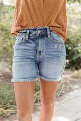 Sky Blue Retro High Waist Raw Hem Denim Shorts
