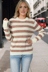Brown Striped Round Neck Casual Sweater