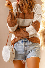 Khaki Striped V Neck Pullover Sweater