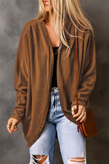Brown Waffle Knit Open Front Rounded Hem Cardigan