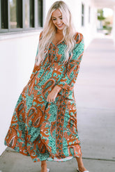 Green Boho Paisley Mix Print Long Sleeve V-Neck Tie Maxi Dress