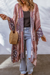 Pink Geometric Print Open Front Kimono
