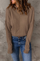 Brown Ribbed Knit Drop Shoulder Hooded Top
