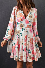 White Boho V Neck Bubble Sleeves Floral Dress