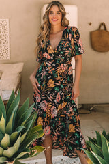 Black Floral Print Knotted Wrapped V Neck Maxi Dress