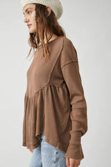 Brown Solid Color Ribbed Peplum Long Sleeve Top