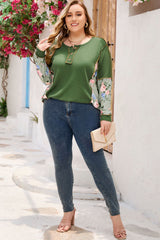 Green Plus Size Floral Patchwork Henley Top