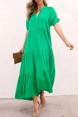 Green Notch V Neck Bubble Sleeve Tiered Maxi Dress