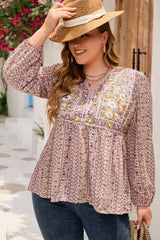 Red Floral Embroidered Plus Size Babydoll Blouse