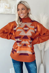 Brown Aztec Knitted High Neck Drop Shoulder Sweater