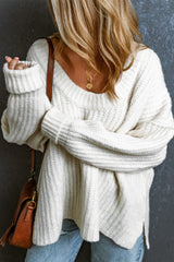 White Ribbed Knit Round Neck Slouchy Chunky Sweater