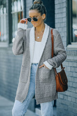 Gray Long Pocketed Open Front Knit Cardigan