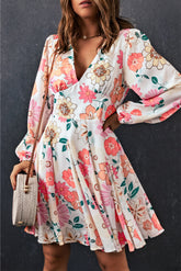 White Boho V Neck Bubble Sleeves Floral Dress