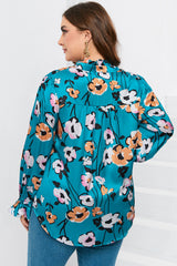 Sky Blue Floral Print V Neck Plus Size Blouse