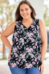 Black Plus Size Floral Print Ribbon V Neck Tank Top