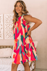 Red Abstract Geometric Print Flutter Sleeve Babydoll Dress