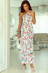 Green Boho Floral One-Shoulder Sleeveless Pleated Maxi Dress