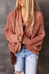 Pink Chunky Knit Solid Cardigan with Pocket