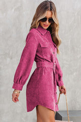 Rose Corduroy Long Sleeve Button up Shirt Dress with Belt