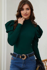 Green Puff Sleeve Keyhole Back Ribbed Knit Bodysuit