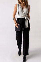White Pleated V Neck Sleeveless Color Block Jumpsuit