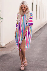 Multicolor Striped Print Oversized Kimono