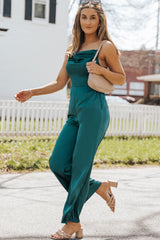 Green Spaghetti Straps Cowl Neck Satin Jumpsuit