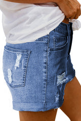 Blue Vintage Faded and Distressed Denim Shorts