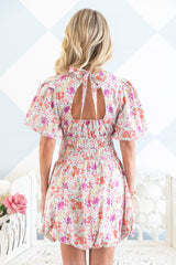 Red Puff Sleeve Smocked Waist Floral Dress