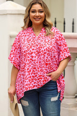 Rose Leopard Print V Neck Half Sleeve Plus Size Blouse